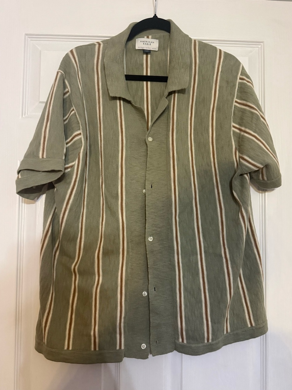 American Eagle Olive Green Knit Shirt with Cream and Brown Stripes